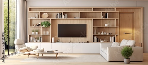 Modern furniture fills the bright and airy living area complete with a window TV bookshelves and floor panels With copyspace for text