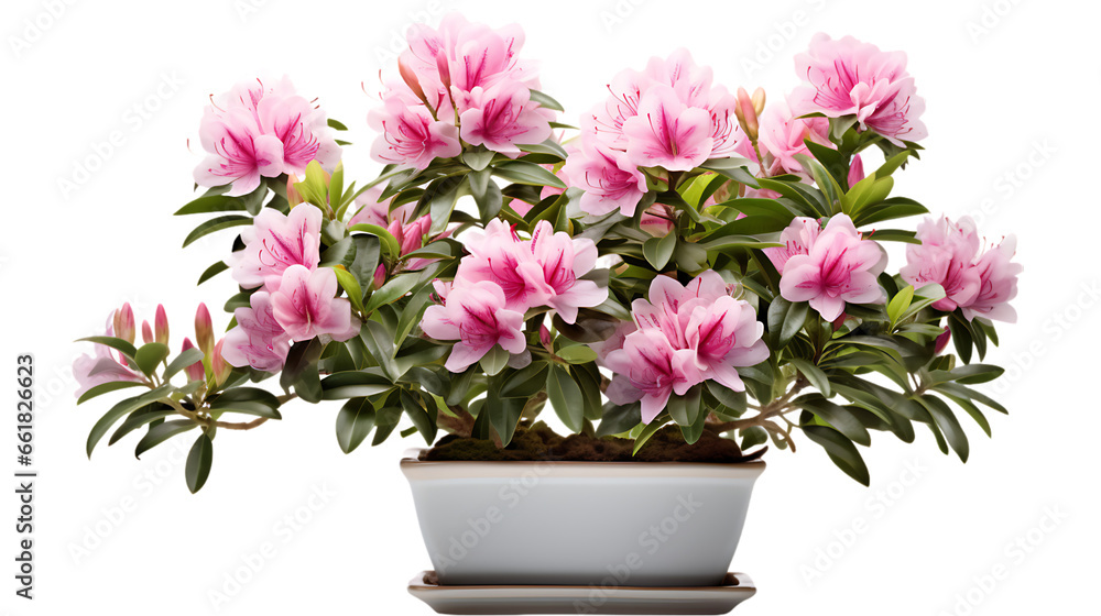 Rhododendron Blooms in Square Pot Isolated on Transparent or White Background, PNG