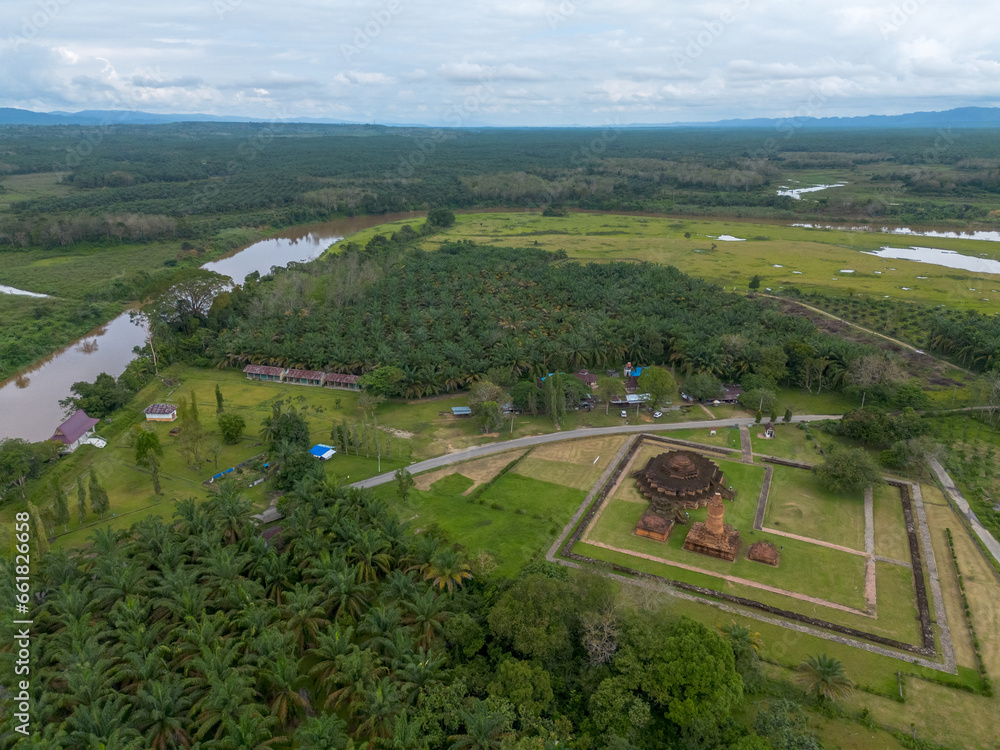 Aerial view of Muara Takus Temple in Riau province, Indonesia.