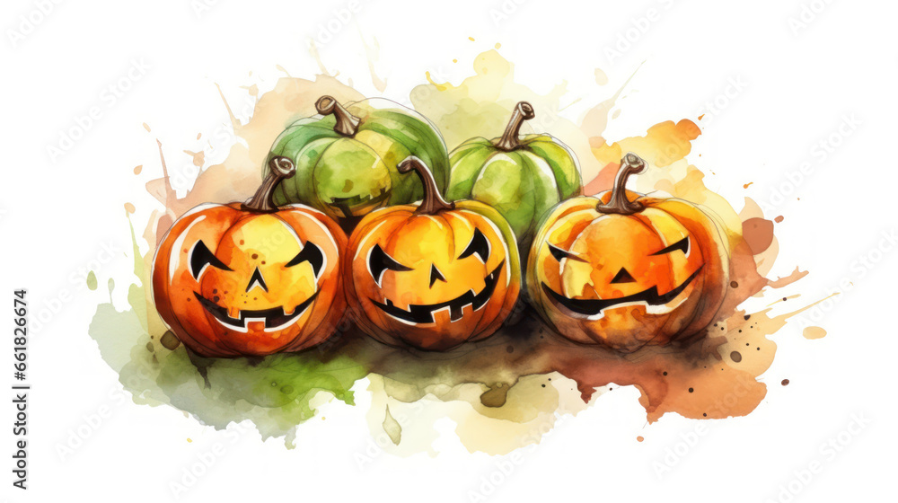 Fototapeta premium Watercolor painting of a Halloween pumpkins in green colours tones.