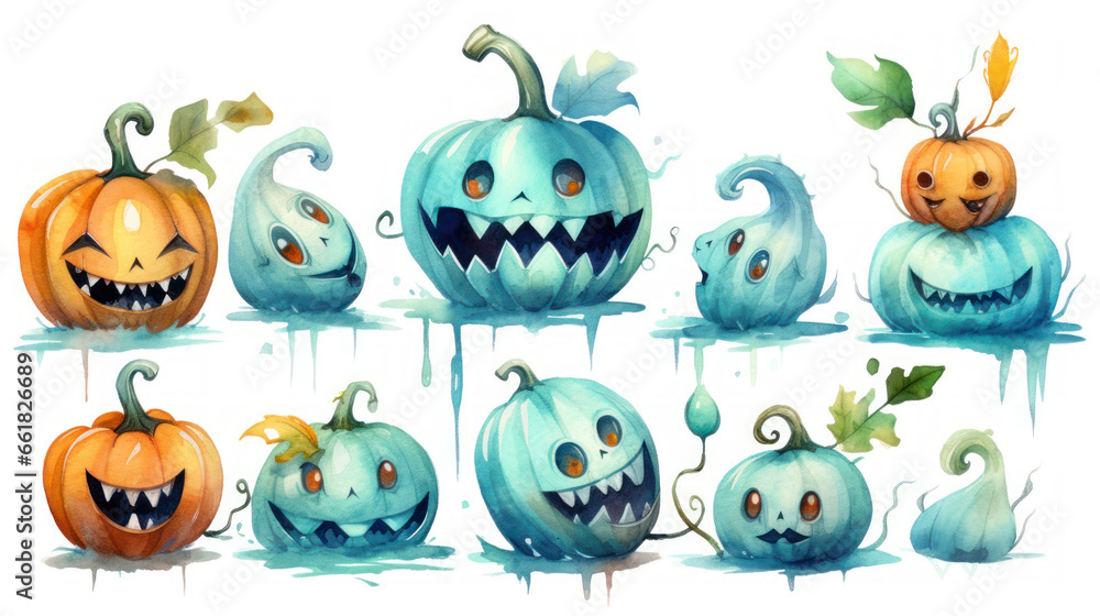 Obraz premium Watercolor painting of a Halloween pumpkins in cyan colours tones.