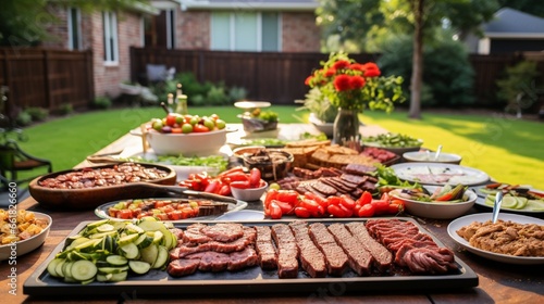 A backyard barbecue birthday celebration with a delicious spread of grilled meats  salads  and refreshing drinks.