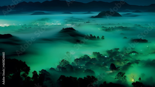 tropical island at night with green fog