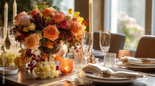 A beautifully decorated dining table for a birthday dinner  with elegant settings and a centerpiece of fresh flowers.