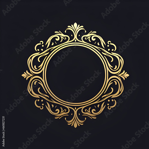 Golden photo frame with ornament isolated on black 