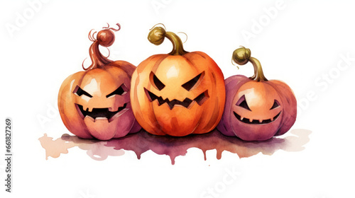 Watercolor painting of a Halloween pumpkins in light maroon colours tones.