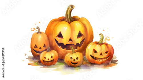 Watercolor painting of a Halloween pumpkins in light orange colours tones. © darkredmon