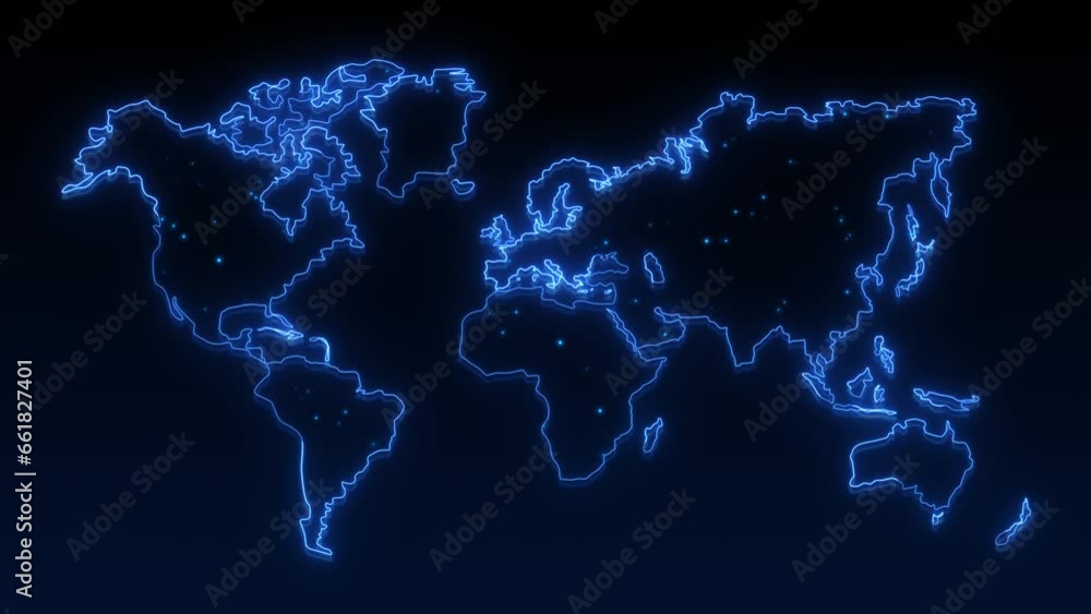 Digital Technology World Map Animation. Glowing Connections in Global Blue World Map Loop with Visual Effects. Neon globe world map. Abstract world map outline Glowing Neon lights animated background