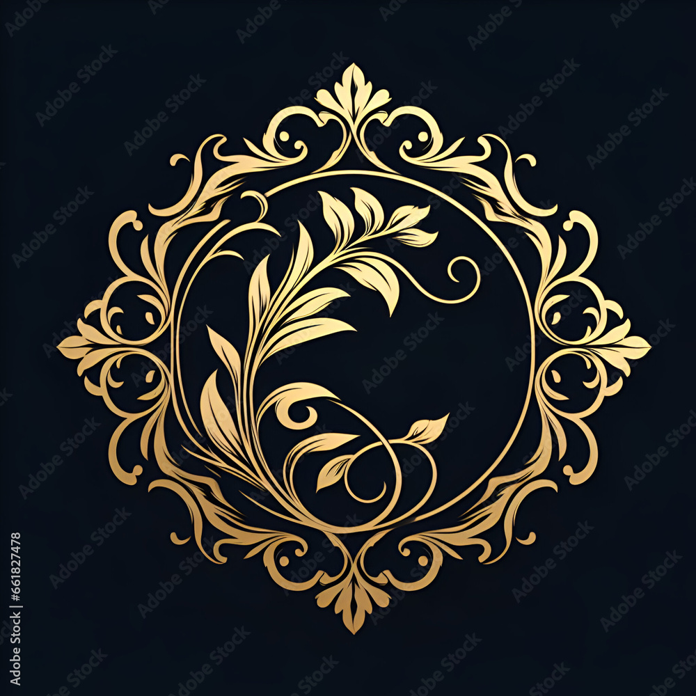 Golden frame with ornament isolated on black background 