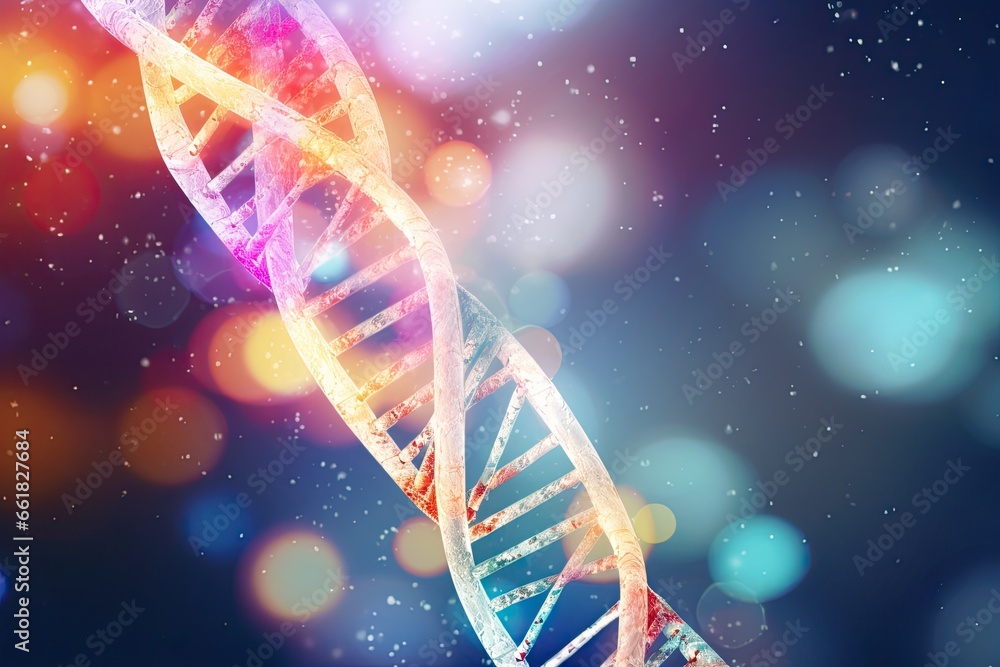 dna structure with colorful lighting on background - obrazy, fototapety, plakaty 