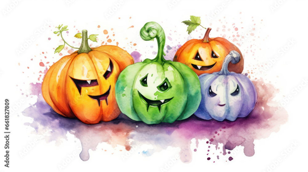 Fototapeta premium Watercolor painting of a Halloween pumpkins in colorful colours tones.