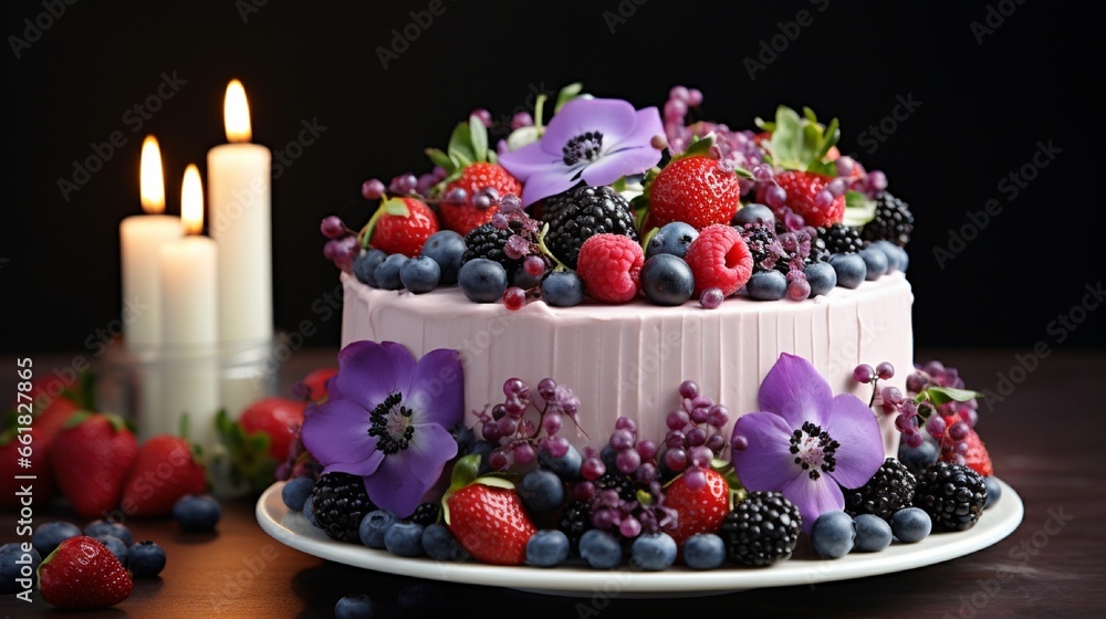 A birthday cake adorned with edible flowers and berries, creating a delicious and visually appealing centerpiece for the celebration. A birthday cake adorned with edible flowers and berries, creating a delicious and visually appealing centerpiece for the celebration.