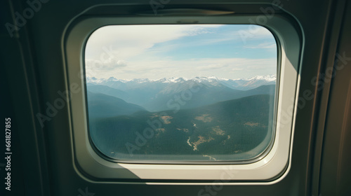 Plane window looking out toward mountains viewed by a passenger