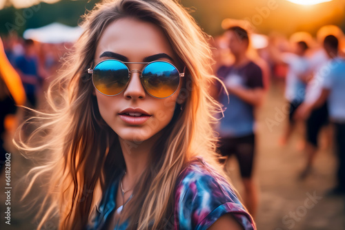 close-up Young woman with sun glass in teasing attire dancing outdoor at music festival, realistic photo, sunset time