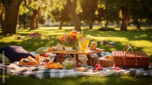 A birthday picnic in a lush green park, with colorful blankets, picnic baskets, and a joyous atmosphere.
