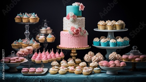 A birthday dessert table featuring an array of cupcakes, cookies, and other sweet treats, beautifully displayed.