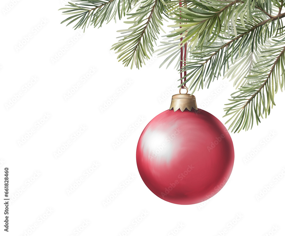 Christmas tree branch with red ball. Holiday card with glass ball on fir branches isolated on white background Christmas tree branch with red ball. Holiday card with glass ball on fir branches isolated on white background
