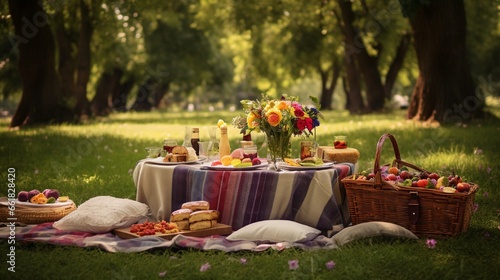 A birthday picnic in a lush green park, with colorful blankets, picnic baskets, and a joyous atmosphere.