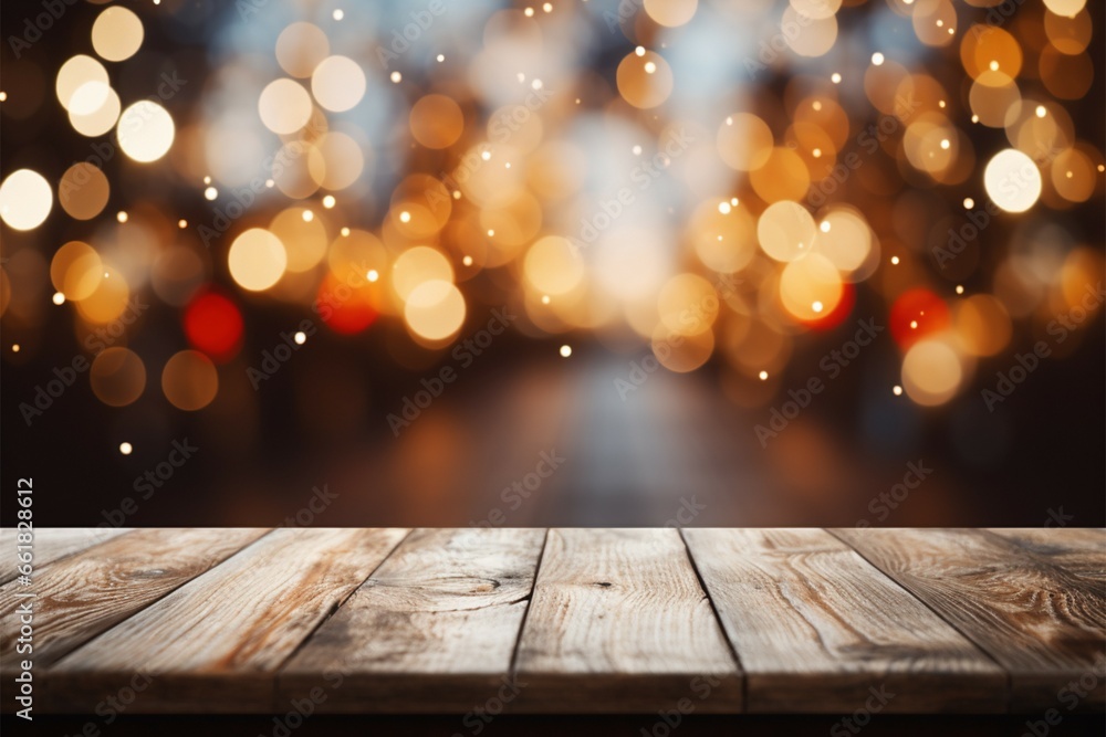 Bokeh lit wooden table, the perfect backdrop for product presentations Bokeh lit wooden table, the perfect backdrop for product presentations