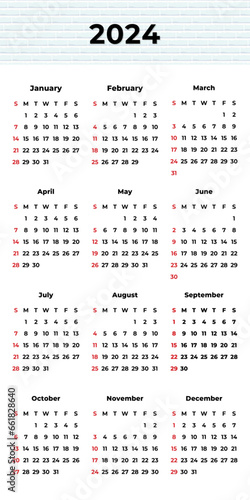 Calendar 2024. Design for plan note, agenda, office annual schedule, business, daily