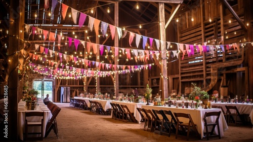 A charming and rustic barn transformed into a birthday celebration space, with string lights, colorful decorations, and joyous festivities. © Ai Studio