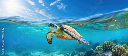 Oceanic green sea turtle swimming With copyspace for text