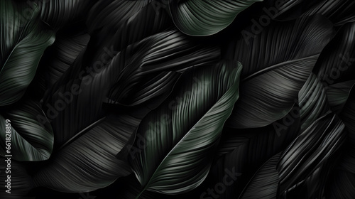 Textures of abstract black leaves for tropical leaf background. Flat lay, dark nature concept, tropical leaf