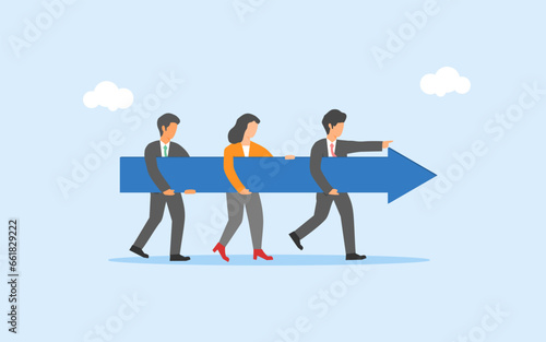 team work and leadership concept. The leader stands in front while helping and giving direction. cooperation in business. work together for success. business people lifting arrow together.