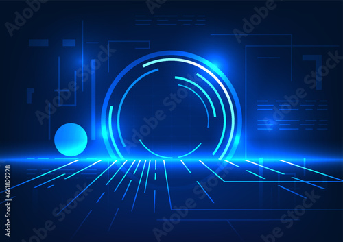 Technology circle On the back is a composition of lines on the floor that form interconnected circuit lines. Concept of a doorway into the virtual world of technology used for learning and entertainme