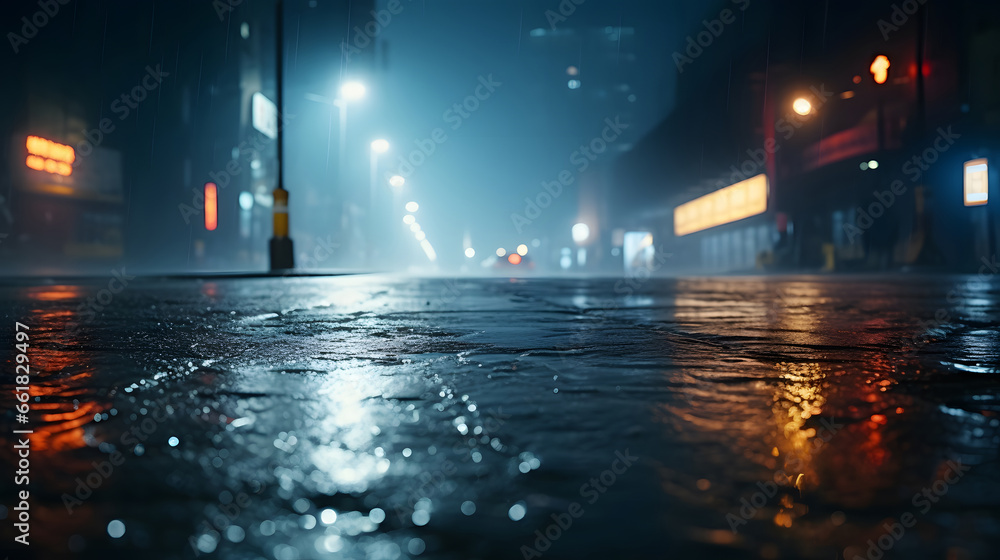 Dark empty street scene with wet asphalt reflecting neon lights with smoke, searchlight, and smoke,  Abstract night background, blurred bokeh light. Night view colorful