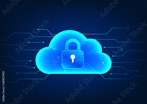 cloud technology Inside is a lock with a technological circuit on the back. It refers to storing data through a cloud system that has a system to prevent data theft and data destruction.