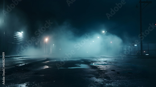 Dark empty street scene with wet asphalt reflecting neon lights with smoke, searchlight, and smoke, Abstract night background, blurred bokeh light. Night view colorful