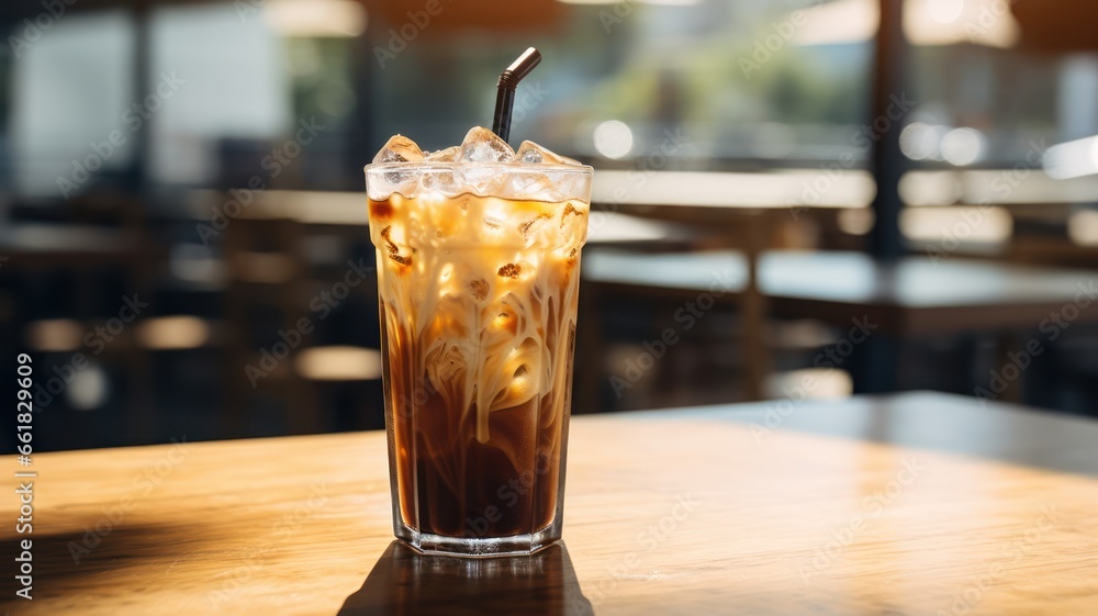 Creamy iced coffee on a rustic cafe table Creamy iced coffee on a rustic cafe table
