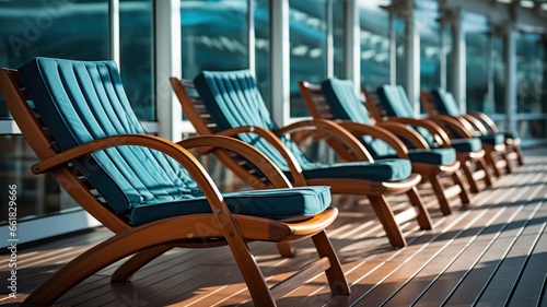 Wooden deck chairs neatly aligned on a cruise ship