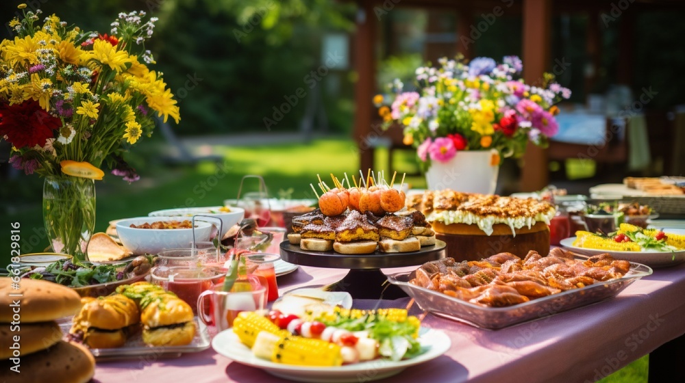 A lively birthday barbecue with a variety of grilled foods, condiments, and colorful table settings for guests.
