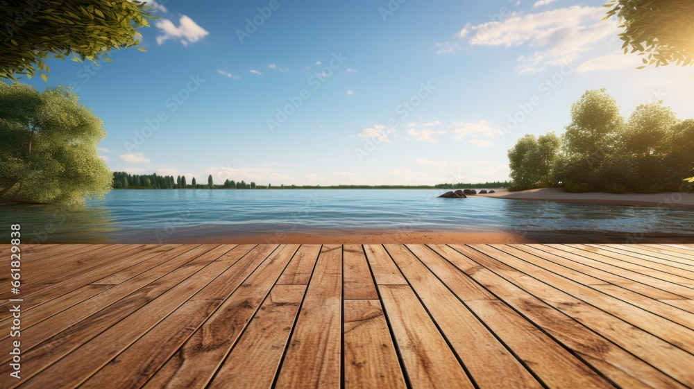 wooden surface overlooks a sunlit shoreline