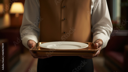 dedicated waiter poised with a tray  ready to serve