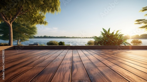 wooden surface overlooks a sunlit shoreline