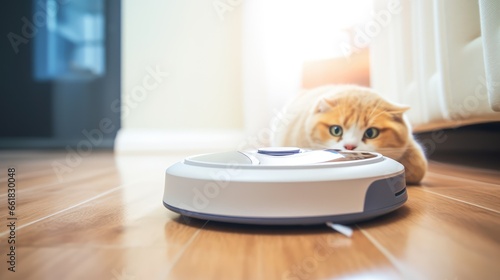 Funny cat looking on the robot with a vacuum cleaner in the living room at home with sofa. Rides the cleaner on wooden floor.