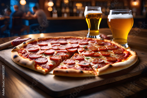 Beer and delicious pepperoni pizza in a pub setting. Generative AI