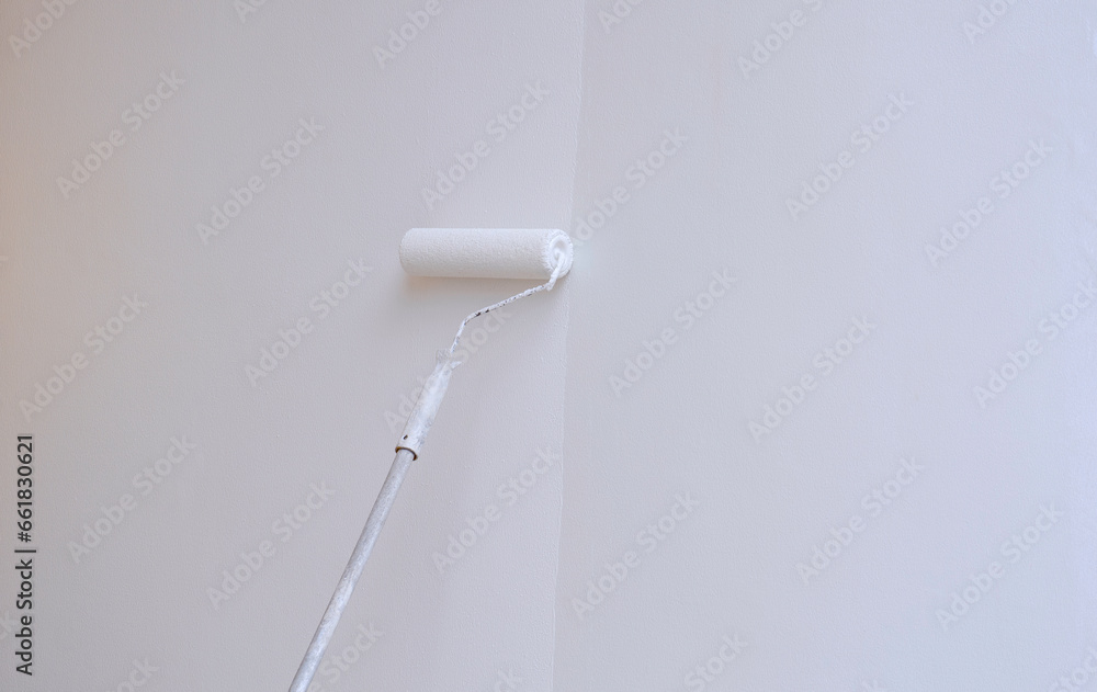Long handle Roller Brush Painting White color on cement house wall, Home renovate and improvement concept Long handle Roller Brush Painting White color on cement house wall, Home renovate and improvement concept