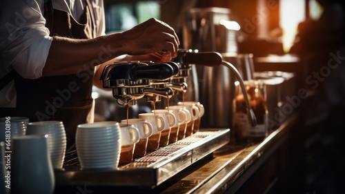 Fotografia dedicated barista skillfully serving freshly brewed coffee in a bustling cafe
