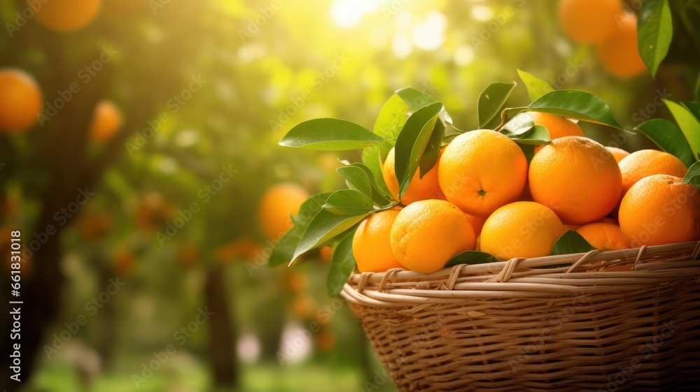 traditional bamboo basket filled with fresh oranges, set against the soft-focus backdrop of an orange orchard