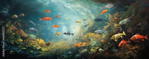 Fish in freshwater aquarium with beautiful planted tropical. Colorful art back