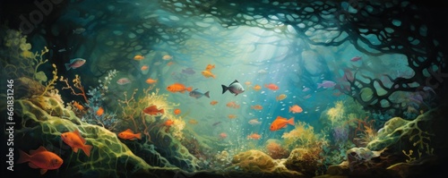 Fish in freshwater aquarium with beautiful planted tropical. Colorful art back