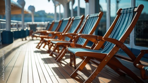 Leinwand Poster Wooden deck chairs neatly aligned on a cruise ship