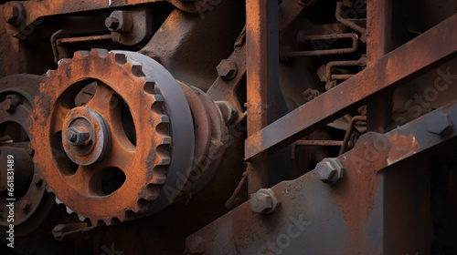A close-up revealing the rustic intricacies of machinery with a grey-orange scheme creates an Industrial Chic vibe.