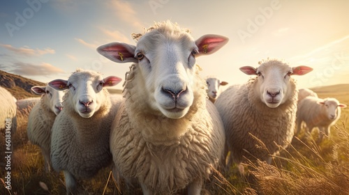 Flock of sheep grazing in a hill at sunset. group of sheep on field