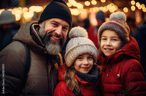 kid with dad wearing hat at the street on Christmas background