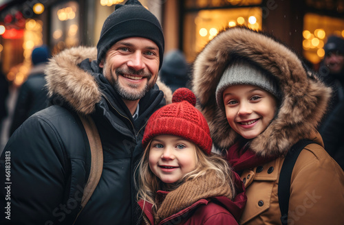 Family wearing hat at the street on Christmas background